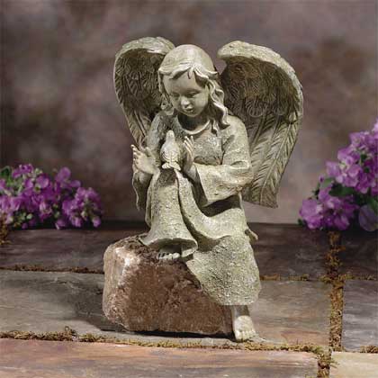 GARDEN ANGEL W/BIRD-VERDIGRIS, Garden Angels Decorations, Angels Figurines