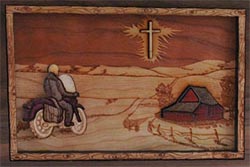 Click to see Inlaid Wood Art Riding Home Motorcycle Cross