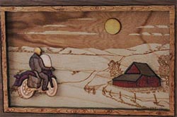 Click to see Inlaid Wood Art Riding Home Motorcycle Moon