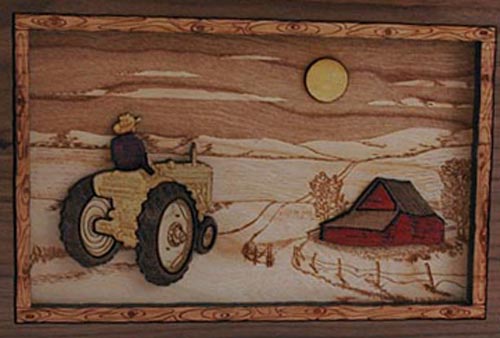 Click to see Inlaid Wood Art Riding Home Tractor Moon