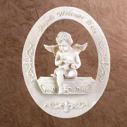 Angels Welcome Here wall plaque with cherub. Item #34877. Enter angel product page by clicking on the image.